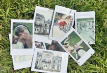 A collection of Polaroids depicting teenagers and a house's exterior, scattered over a grassy lawn.