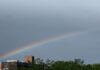 A bright rainbow over a building and tree