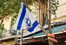 An Israeli flag zip tied to a slender tree