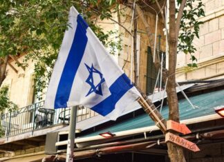 An Israeli flag zip tied to a slender tree
