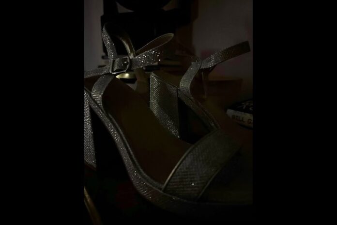 A pair of silver heels gleam in the dark.