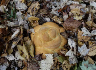 A round challah sits in a pile of brown, fallen leaves.