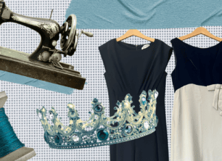 A collaged image with a vintage sewing machine, spool of blue thread, tiara, and row of dresses.