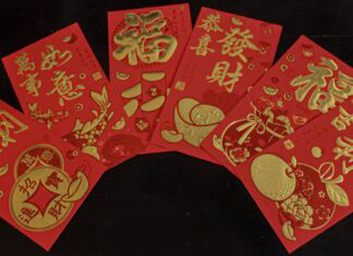 Fanned out red envelopes for the Lunar New Year