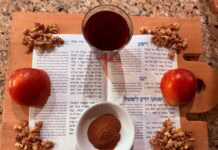 On a cutting board, there is a Haggadah open to "The Four Sons" section. It is surrounded by a cut apple, a cup of wine, a bowl of cinnamon, and walnuts.