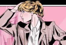 Comic illustration of a blond woman striking a pose in front of a pink backdrop. She wears red pants and a blazer with her hair in a high ponytail.