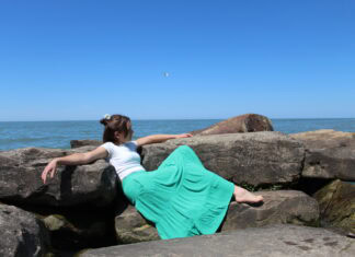 Mermaid A young woman in a turquoise skirt lounges on a rocky outcrop beside a body of water. A lone seagull flies overhead.