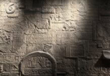 Light streaks across a stone wall covered in Hebrew text and Jewish symbols with streaks.