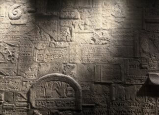 Light streaks across a stone wall covered in Hebrew text and Jewish symbols with streaks.