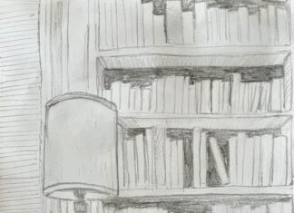 Shelf of Wisdom Sketch of a home library. A side table holding a lamp and a plant sits in front of a bookshelf. The image is in grayscale.